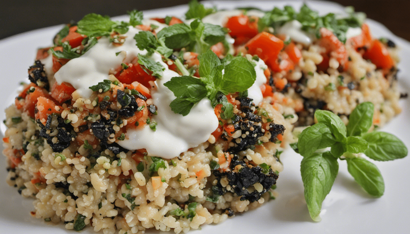 Vegetable and Quinoa Tian with Fresh Herbs served with Lime and Mint Vegan Yogurt Sauce.