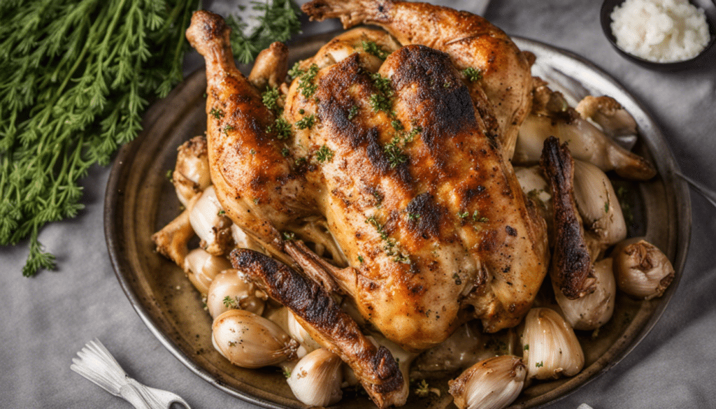 Yarrow and Garlic Roasted Chicken: Roasting a whole chicken with yarrow and garlic for a fragrant feast.